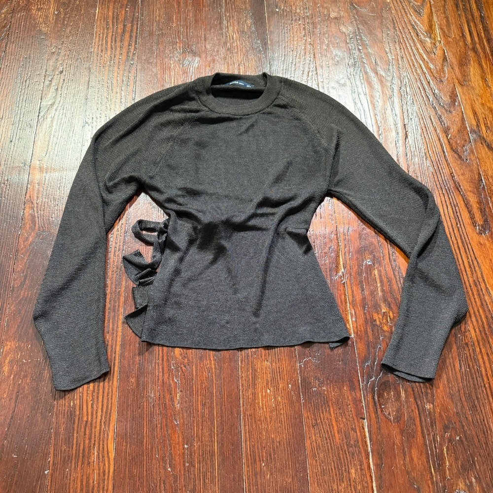 Zara Knit Top Womens Small Black Long Sleeve Tie‎ Open Back Crew Neck